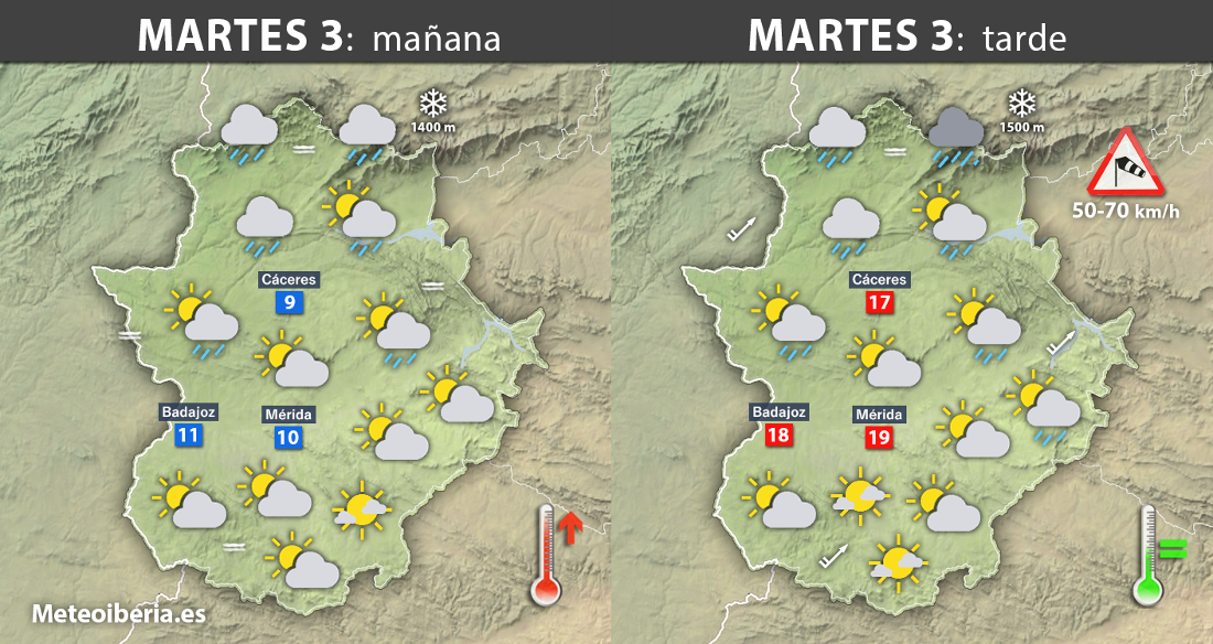 Chubascos ocasionales este martes y miércoles, pero a partir del jueves Extremadura rozará los 25ºC