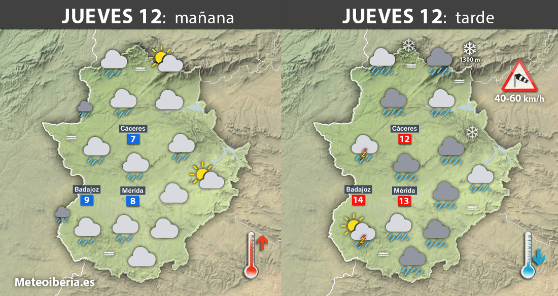 Un nuevo frente llega a Extremadura con muchas lluvias, viento y ambiente frío